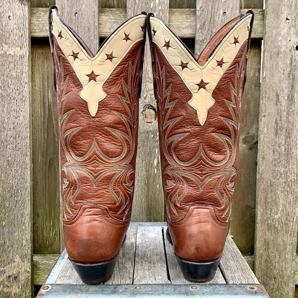 LARRY MAHAN Vintage Star Inlay Tall Mid-Calf Brown Leather Cowgirl Western Boots - Picture 5 of 13